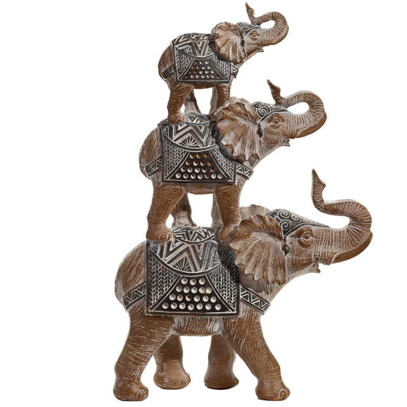 Wooden Effect Stacked Elephant Figurine